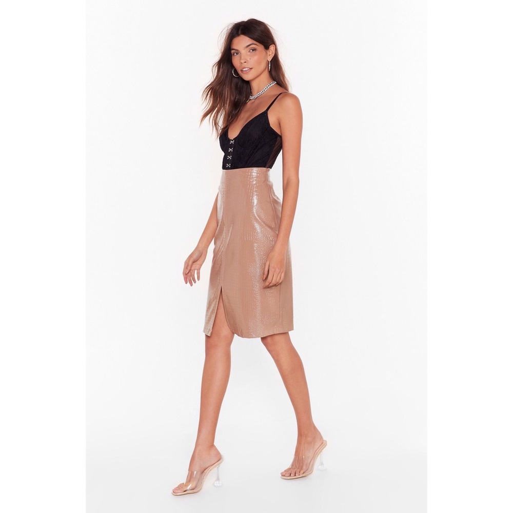 Believe It or Croc Faux Leather Midi Skirt